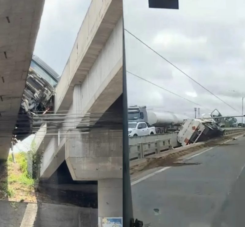 Caminhão-tanque tomba em viaduto e causa interdição em Feira de Santana